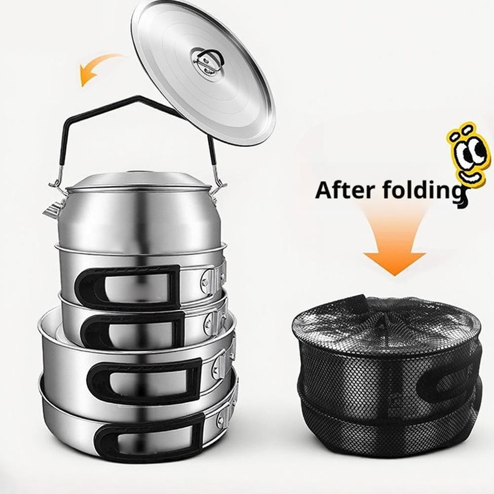 Camping Cookware Mess Kit, 4-Piece SUS304 Stainless Steel Camping Pots and Pans Set with 1.1L Kettle, Healthy No-Coating Nesting Cooking Set for Hiking & Backpacking, Silver (1 Set)