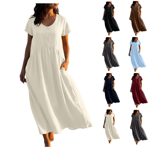 Bixock Women's Dresses Solid Color V Neck Short Sleeve Maxi Dress Side Pocket Casual Loose Summer Beach Vacation Sundress Dress