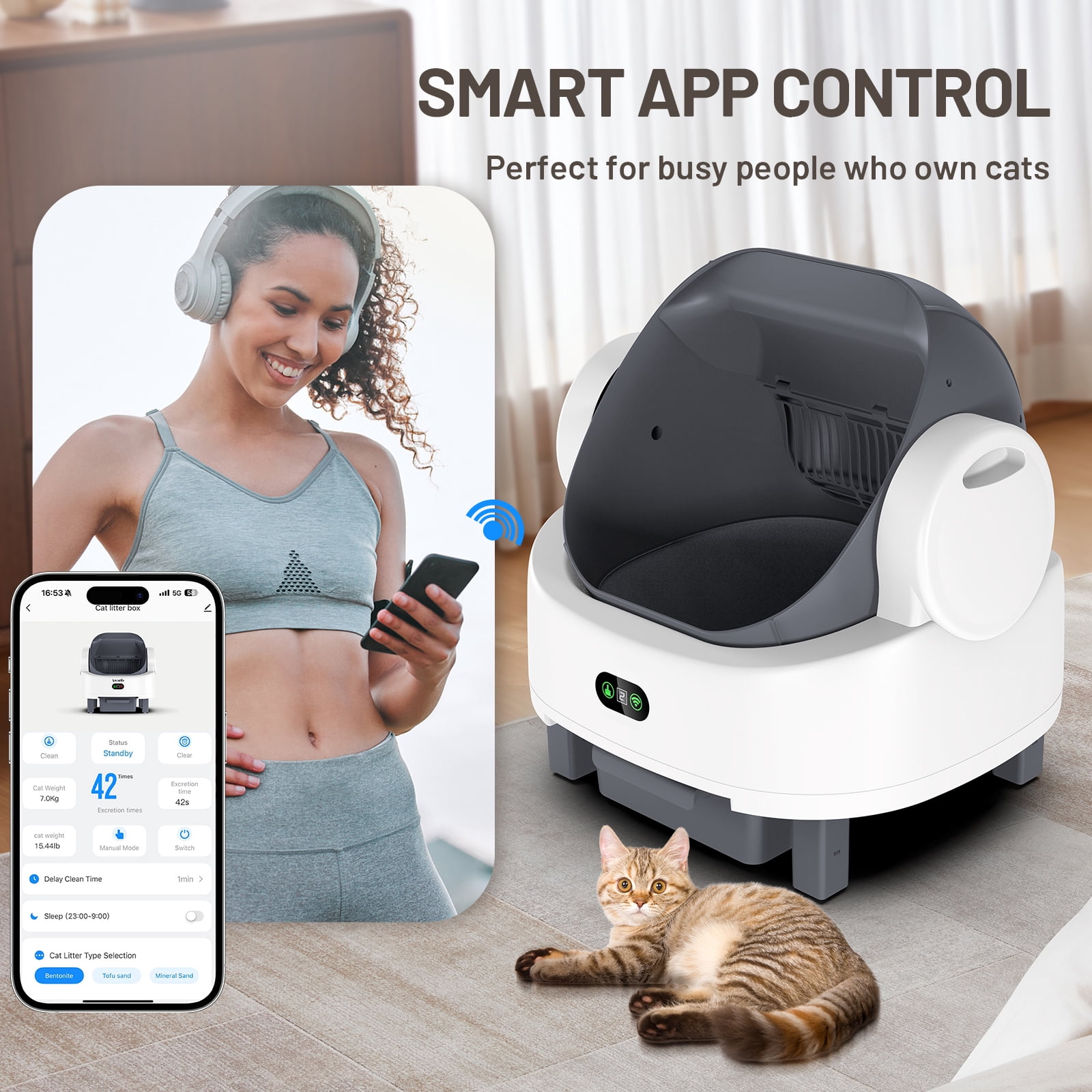 Smart Self-Cleaning Litter Box for Multiple Cats - Automatic Open-Top Cat Litter Box with App Control, 12 Safety Sensors & Odor Control - Includes Litter Liner Bags & Waterproof Litter Mat - White