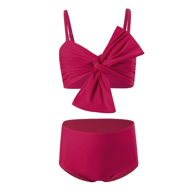 Splozh Tankini Bathing Suits Girls Swimwear Solid Color Large Bow Print Split Two Piece Dress Swimsuit Red,5-6 Years