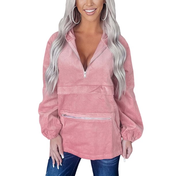Glonme Women Hooded Tops Corduroy Hoodies V Neck Sweatshirt Winter Casual  Pullover Loose Fit Zipper Pink M - Walmart.com