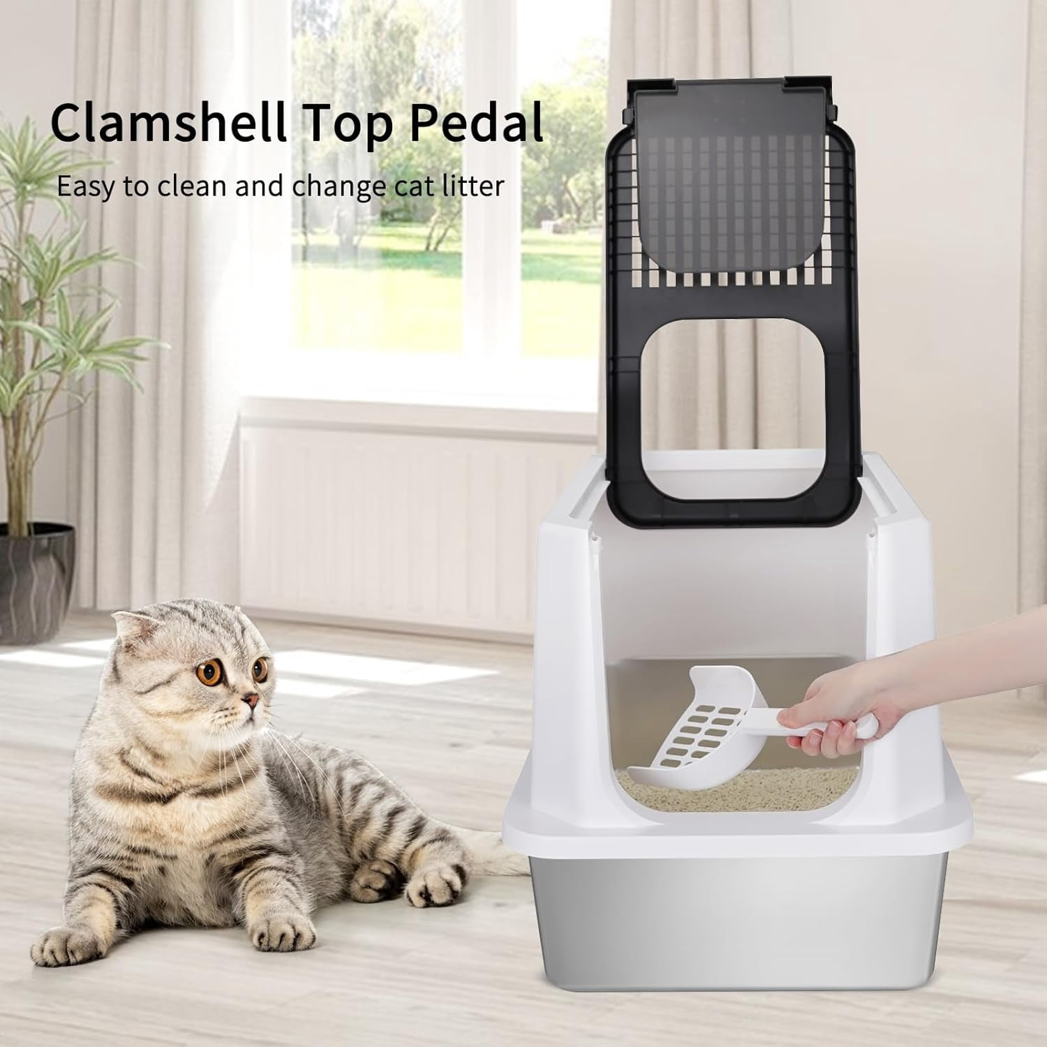 Stainless Steel Cat Litter Box, Semi-Enclosed Litter Box with Raised Edges, Anti-Leakage & Odorless, Large Litter Box for Small to Large Sized Cats (Black, 23.8" L*15.9" W*16.1" H)