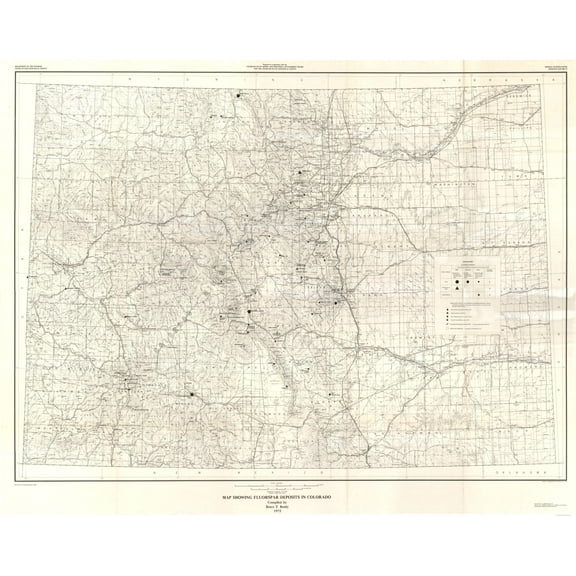 Historic Mine Map - Fluorspar Deposits in Colorado - Brady 1975 - Vintage Wall Art