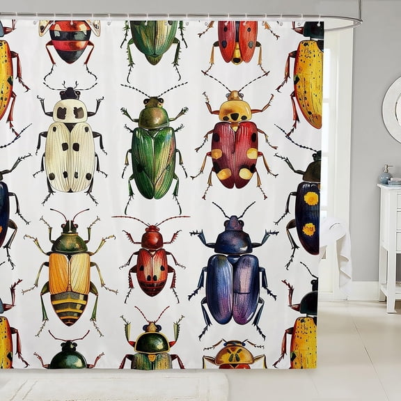 Vintage Insect Shower Curtain Colorful Beetles Fabric Bathroom Decor with Hooks 71x71 inches