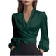 thumbnail image 3 of TaTaai Women’s Casual V Neck Satin Blouse Long Sleeve Tie Strap Loose Fit Solid Color Printless T Shirts Soft Polyester Winter Holiday Wear Gift, 3 of 8