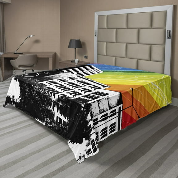 Ambesonne Colorful Flat Sheet, Black White Cityscape, Queen Size, Multicolor