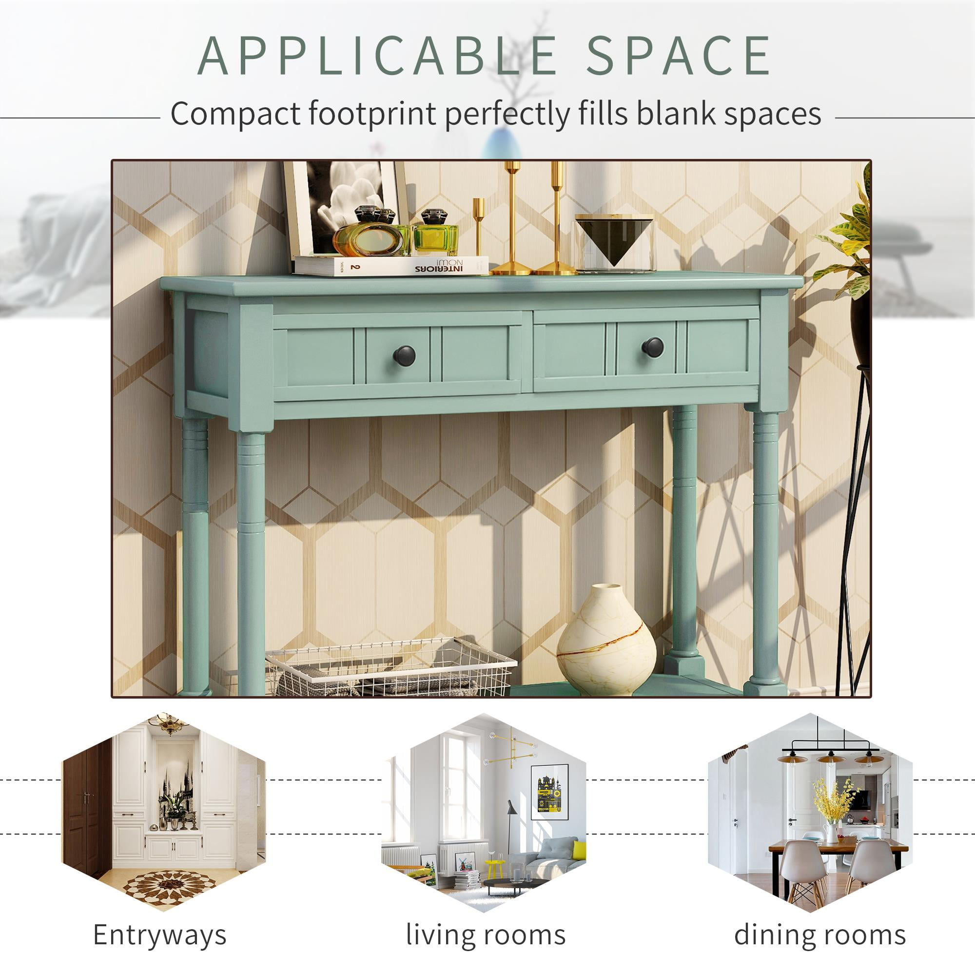 Zimtown Glam Wood Buffet Sideboard Console Sofa Table Side Desk Entryway Hall Accent Table with Storage Drawers & Bottom Shelf