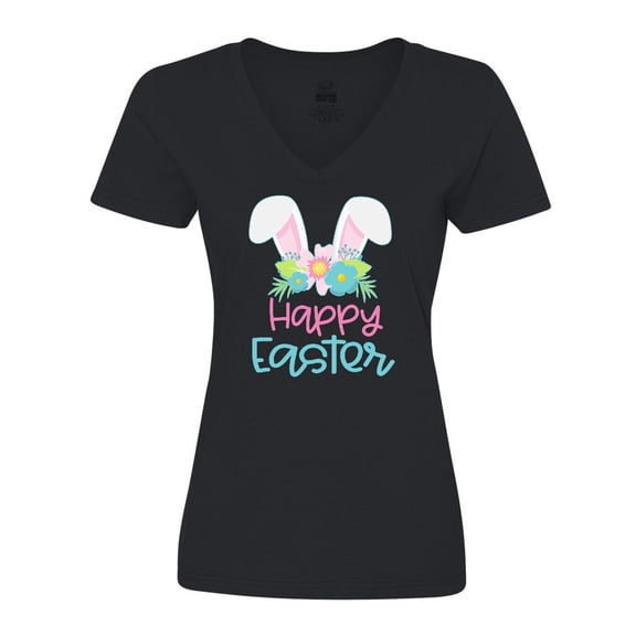 Inktastic Happy Easter with Bunny Ears and Flowers Women's V-Neck T-Shirt