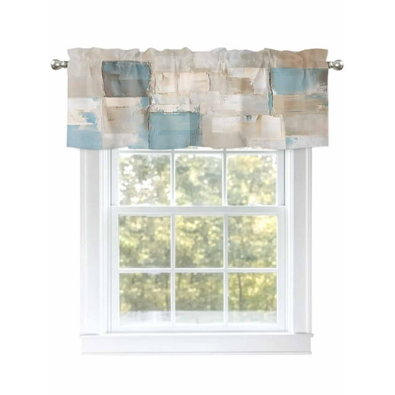 Blue Beige Color Blocks Curtain Valances for Windows, Abstract Oil Painting Art Kitchen Valance Window Treatment, Light Filtering Block Curtains for Bathroom/Bedroom/Living Room 42'' x 12''