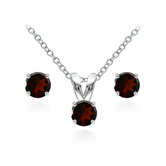 Sterling Silver Garnet 5mm Round Solitaire Pendant Necklace & Stud Earrings Set