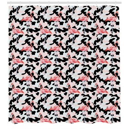 Camo Shower Curtain Watercolor Pink Flamingo Print On Camouflage