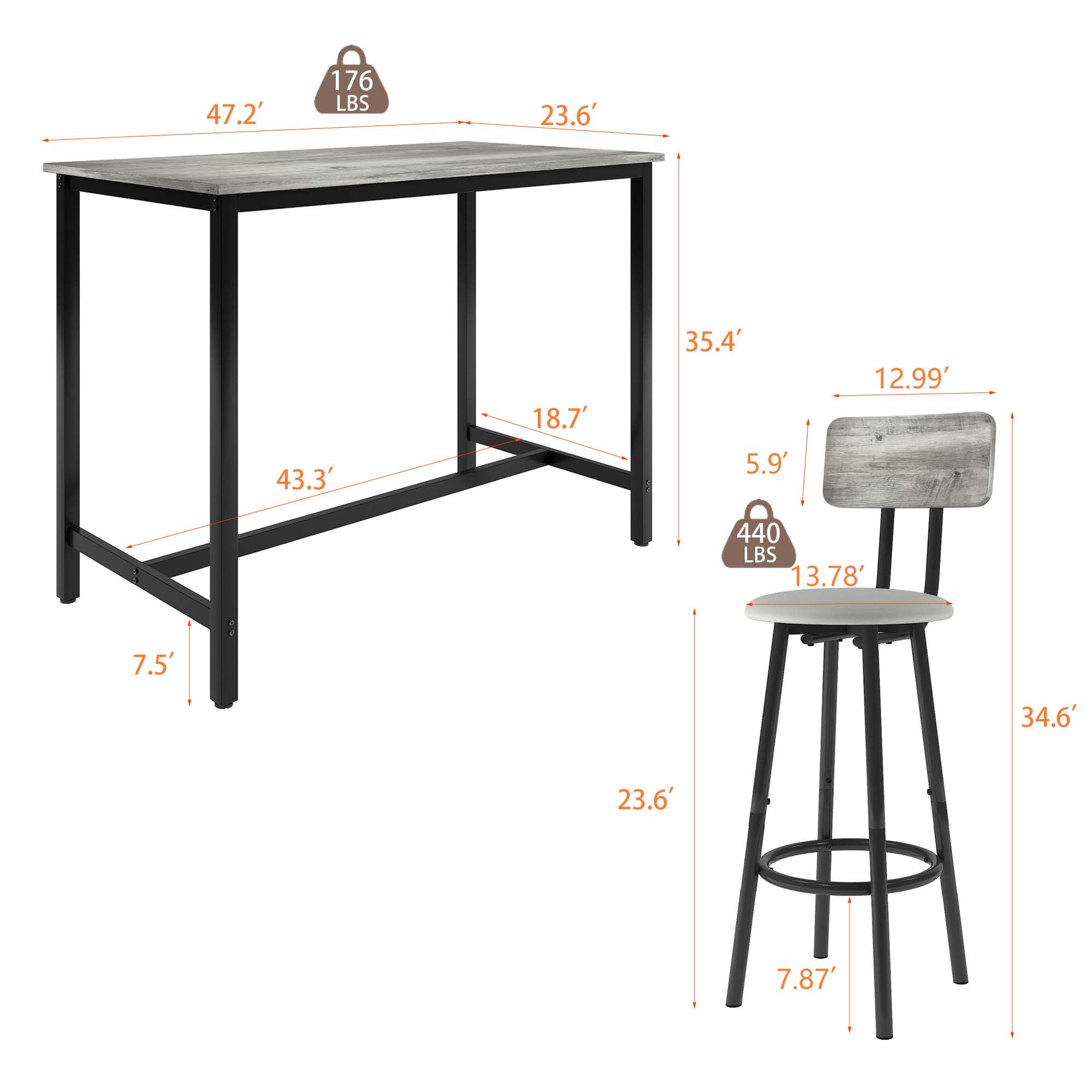 5 Pieces Bar Table Set, Industrial Style Dining Table Set with 4 PU Upholstered Stools, Counter Height Dining Table and Chairs Set, Metal Frame and Wood Top Table Kitchen Furniture Set for Dining Room
