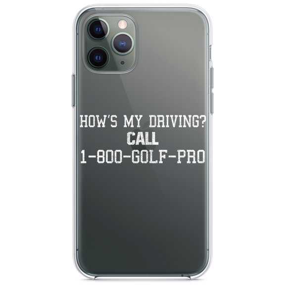 DistinctInk Clear Shockproof Hybrid Case for iPhone 11 (6.1" Screen) - TPU Bumper Acrylic Back Tempered Glass Screen Protector - How's My Driving Call 1-800-GOLF-PRO