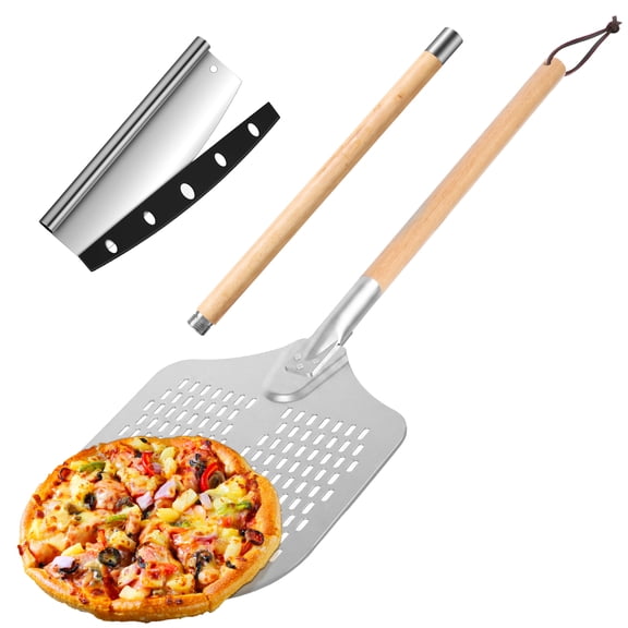 12*14” Perforated Pizza Peel Non-Stick– Aluminum Pizza Paddle With 2 Wood Handle and Pizza Cutter, Pizza Spatula Paddle, Pizza Oven Accessories, Pizza Tools