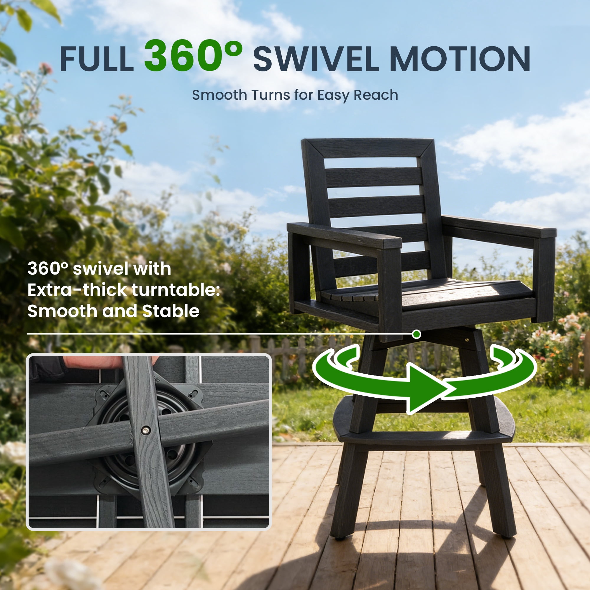 Outdoor Swivel Bar Stools, Carbon High-Density Polyethylene Patio Bar Chair with 360 Swivel for Deck, Hot-Embossed Wood Grain
