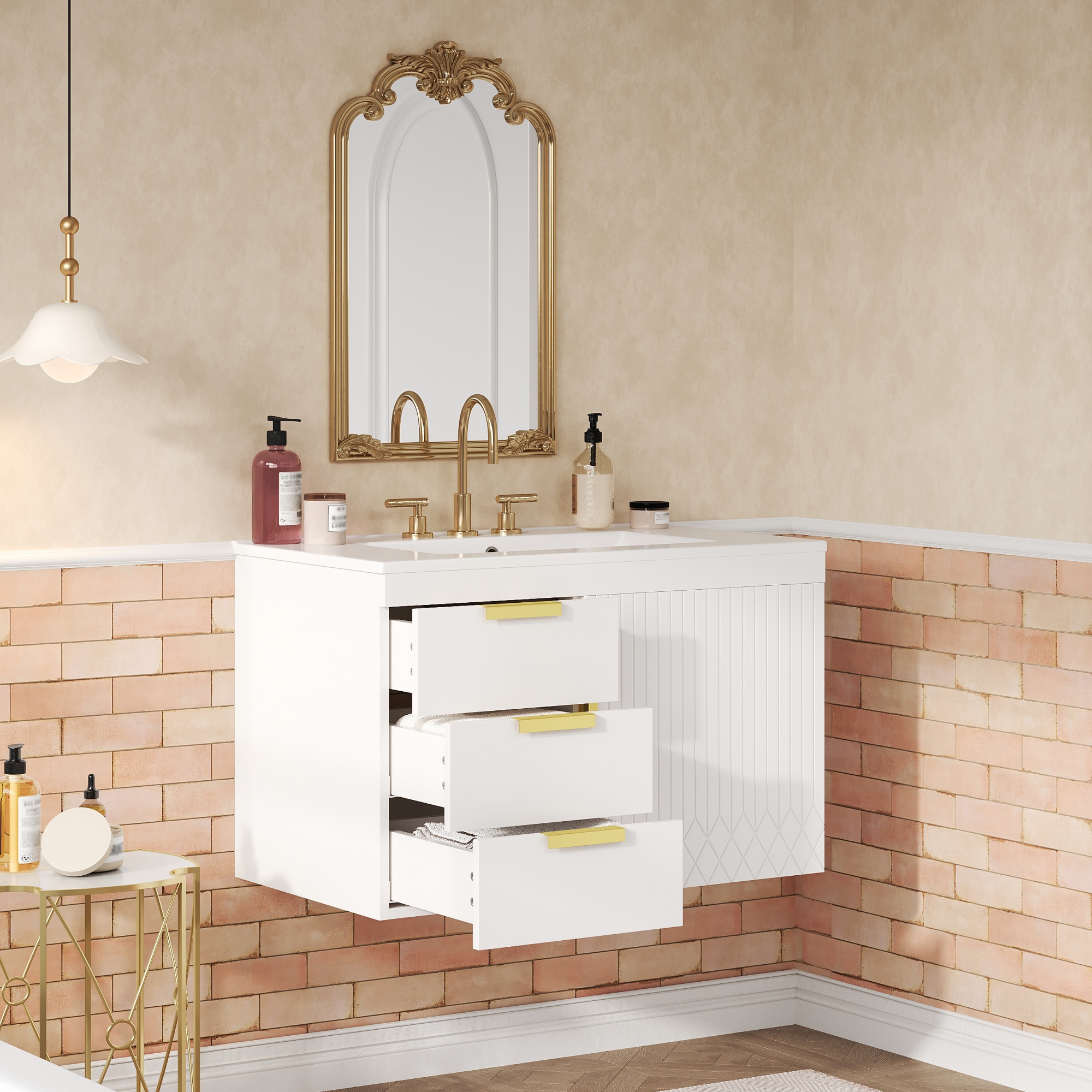 Euroco 30" Wall Mounted Bathroom Cabinet with Ceramic Basin Sink, Bathroom Cabinet with Soft-Closing Door and Drawers, Modern Bathroom Vanity with Sink