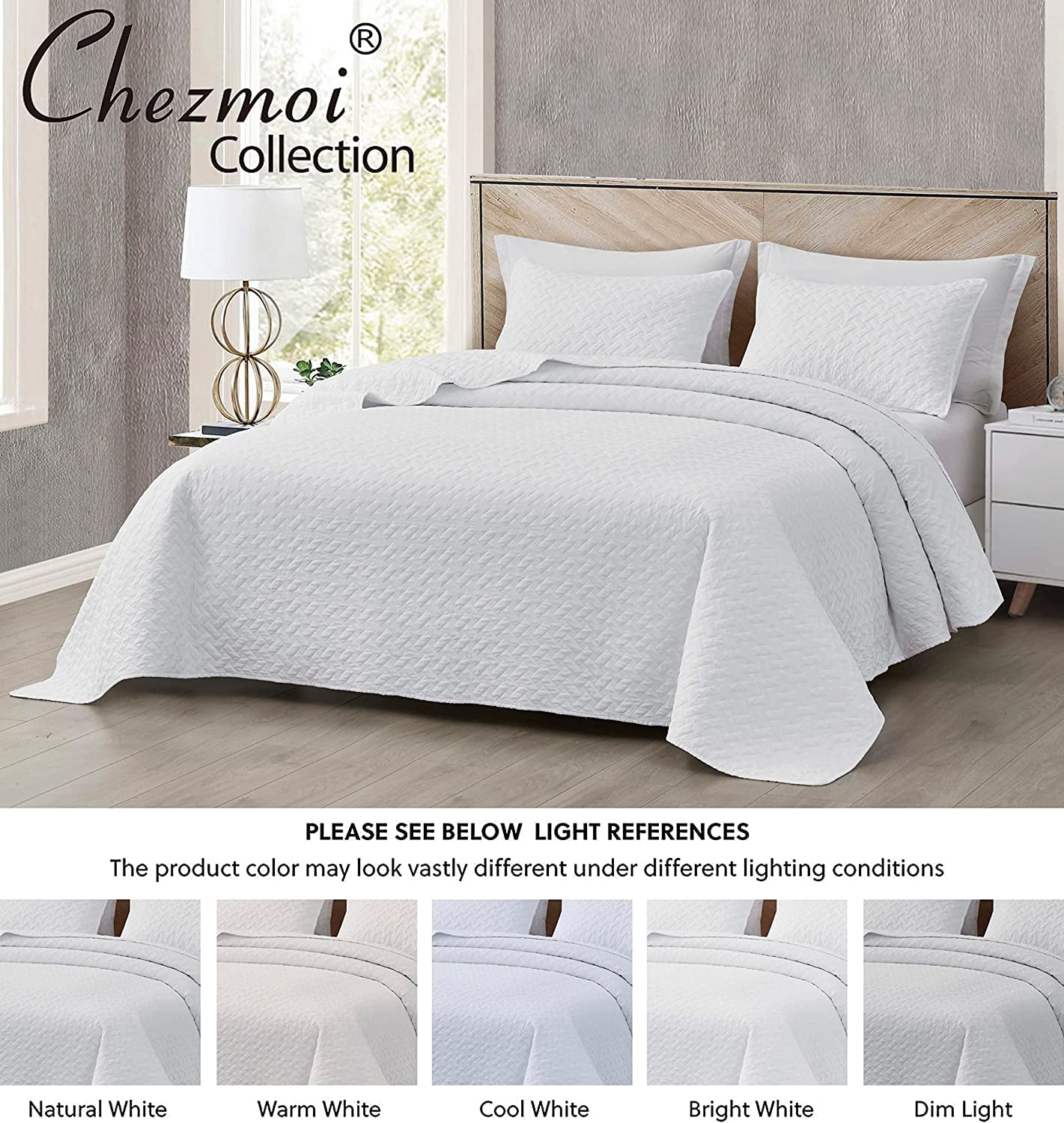 Chezmoi Collection Randall 3-Piece Soft Cooling Bamboo Fiber Quilt Bedspread Basketweave Quilted Coverlet Set (Queen, White)