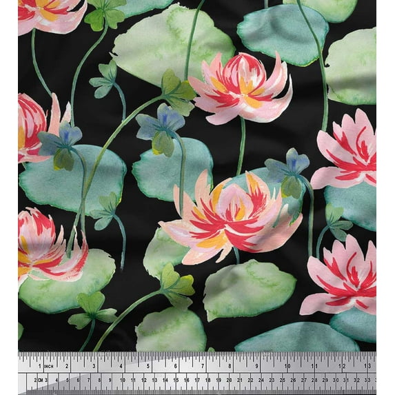 Soimoi Cotton Poplin Fabric Leaves & Lotus Flower Decor Fabric Printed Yard 42 Inch Wide