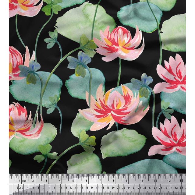 Soimoi Cotton Poplin Fabric Leaves & Lotus Flower Decor Fabric Printed Yard 56 Inch Wide
