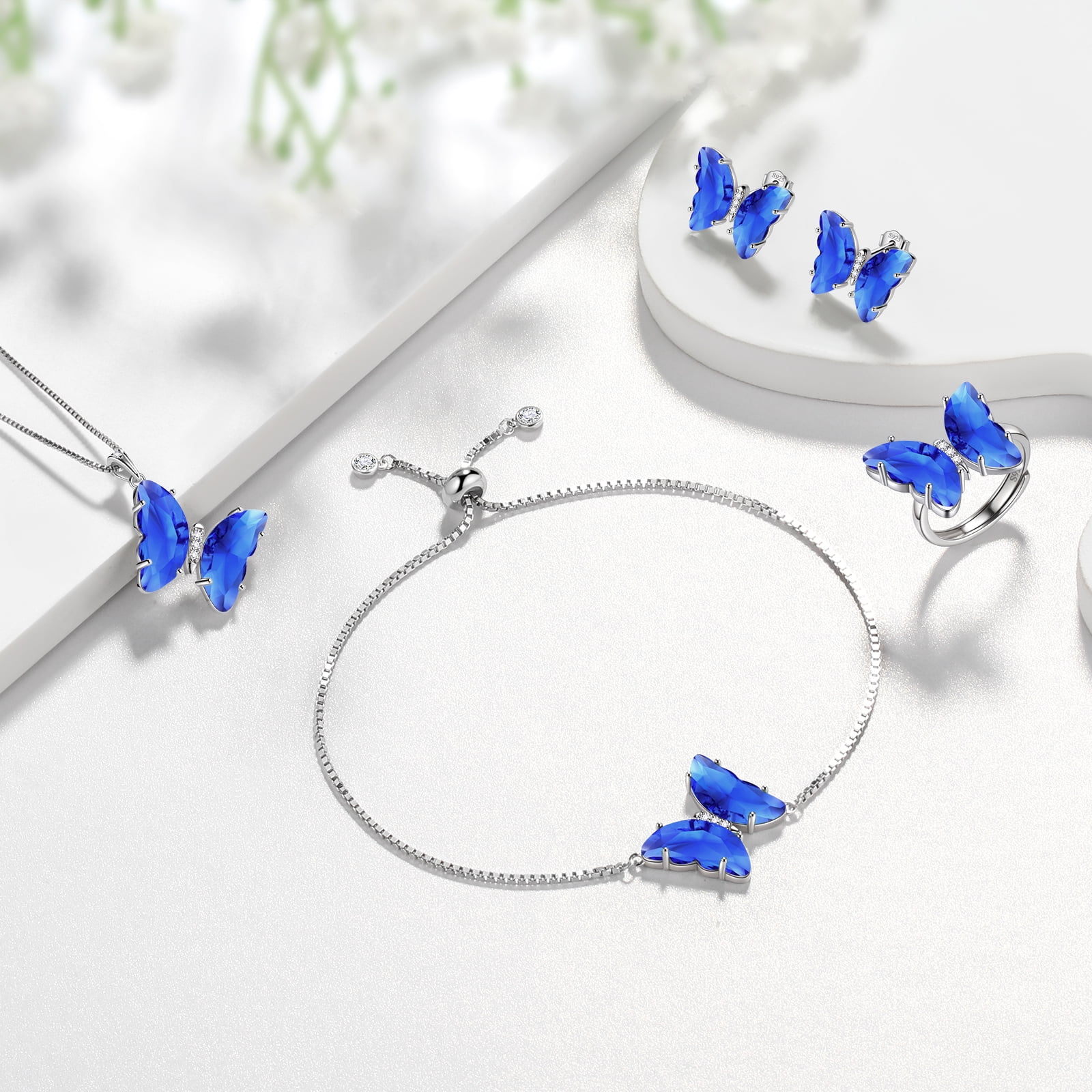 Blue Butterfly Jewelry Sets 5PCS,Necklace Earrings Bracelet Ring September Birthstone Jewelry Set Sapphire Crystal Sterling Silver Women Mother's Day Gift