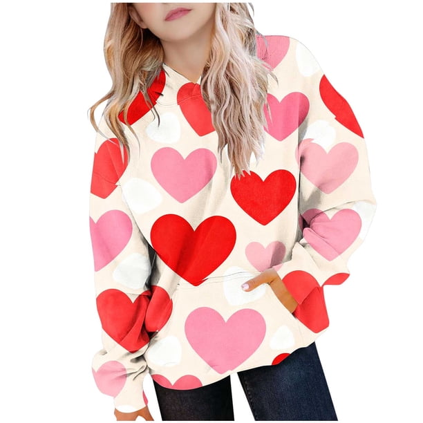Camiseta de Manga Larga con Capucha, Manga Larga Superior con Insertos de Hombro Impreso de Color Del Día de San Valentín de la Niña