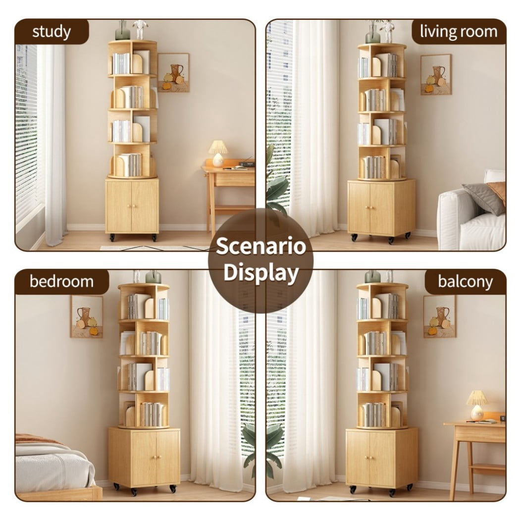 5-Tier Rotating Bookshelf with Drawer, 360° Spinning Corner Bookcase, Narrow Space-Saving Floor Standing Storage Rack for Bedroom, Living Room & Small Spaces, Natural