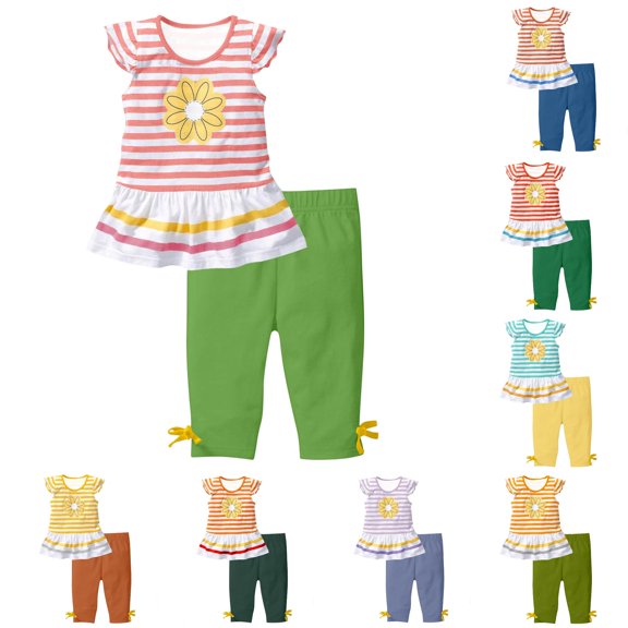 SGMVNU Girls 2 Piece Summer Outfits Floral and Striped Ruffle Hem Flutter Sleeve Top with Capri Pants Clothing Set, Size 4-5 Years, Green