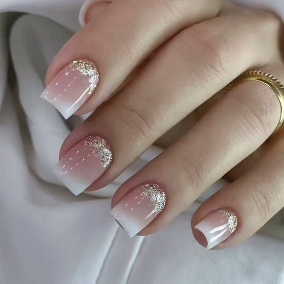 Zeiwohndc 24Pieces Press On Nail French Manicure Glitters Tips Fake Nail Durability