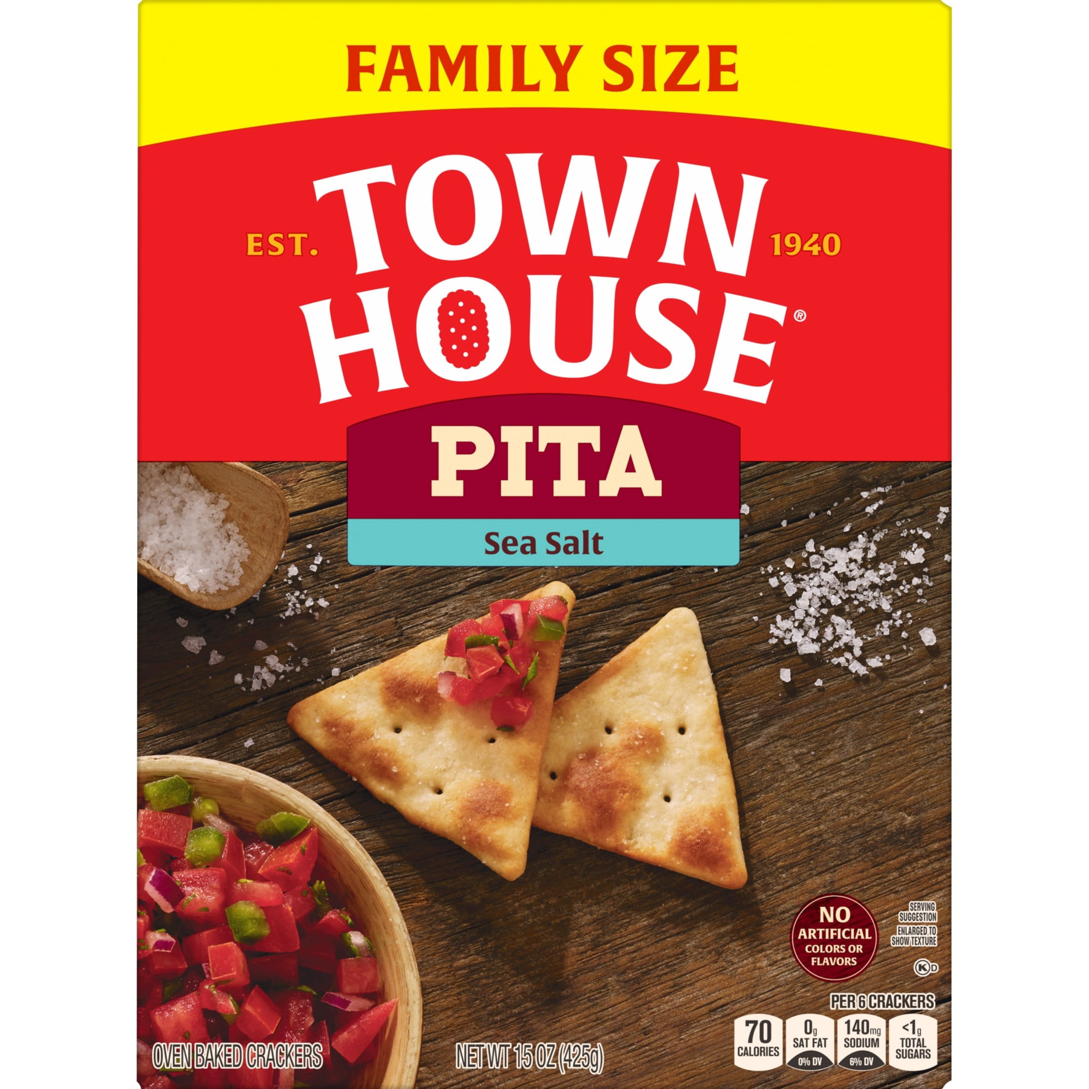 (12 pack) Town House Pita Sea Salt Oven Baked Crackers, Salty Snacks, 15 oz
