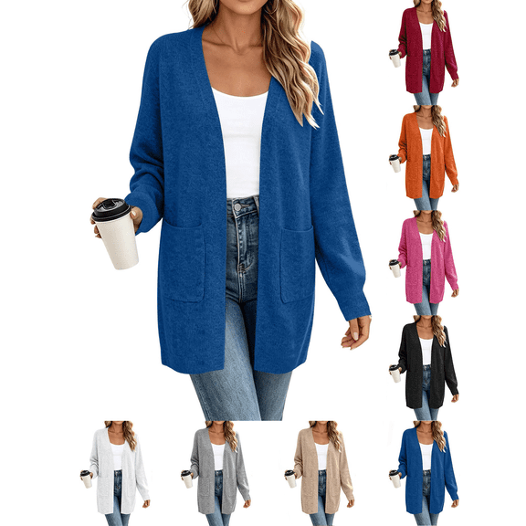 Liuinsasek Womens Knit Cardigan Sweater Fashion Casual Solid Color Long Length Long Sleeve Top Outerwear Cozy and Soft with Pocket for Fall/Winter Outfits