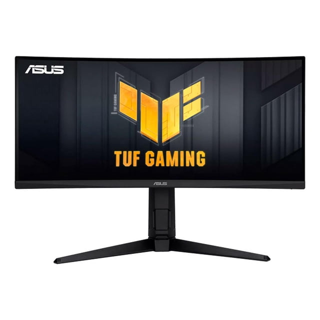 monitor gamer curvo 29.5 asus tuf gaming vg30vql1a wfhd led va 1ms 200hz freesync asus vg30vql1a — Vista frontal centrada de monitor curvo negro 29.5" 21:9 (1500R) con pantalla WFHD 2560×1080, soporte central con base en V y bisel inferior delgado; pantalla muestra logotipo TUF y marcas ASUS en marco. Especificaciones destacadas: 200 Hz, 1 ms MPRT, ELMB y AMD FreeSync; a menudo usado como pantalla ultrapanorámica para simuladores y multitarea de entretenimiento.
