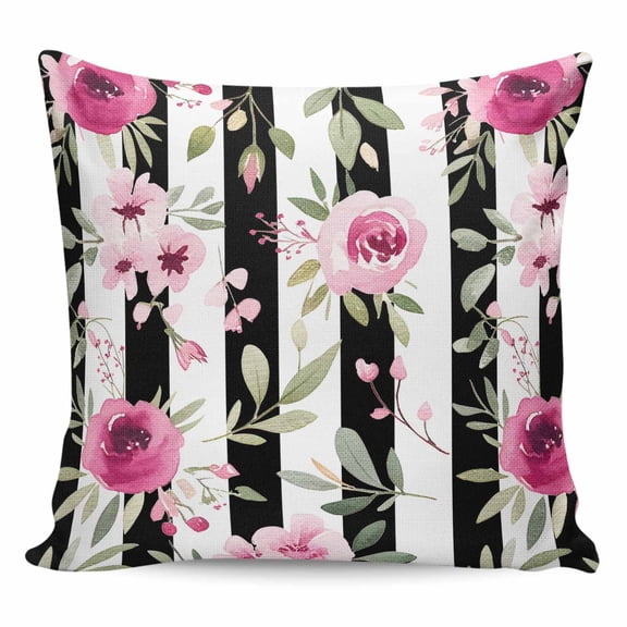 Pink Roses Pillow Covers 24x24 Inch Decorative Throw Pillow Cover, Romantic Flowers Leaves Floral Black Stripes Sofa Pillowcases Accent Cushion Case Home Decor Bedroom Living Room