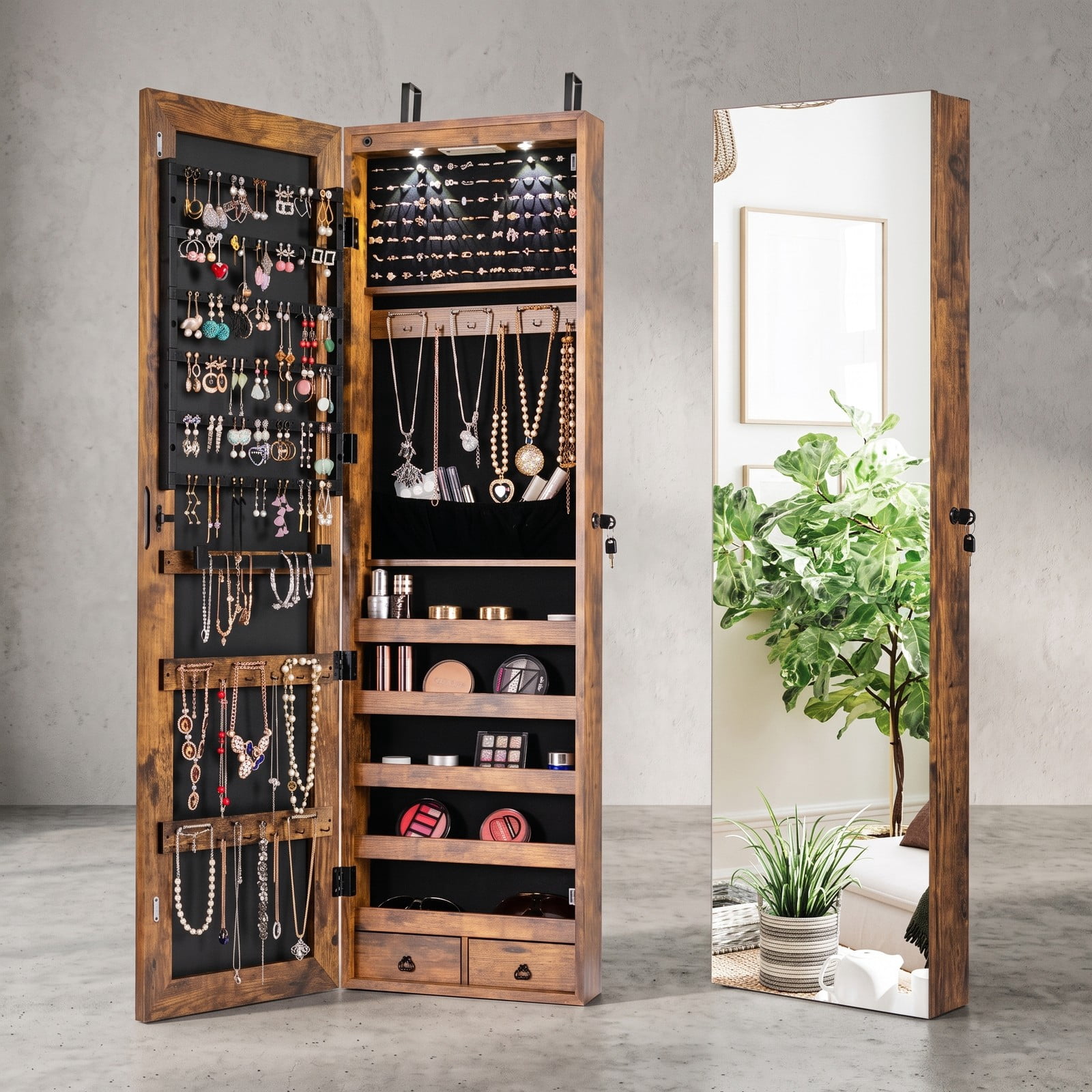 Furnibear Lockable Wall and Door Mounted Jewelry Cabinet with Full-Length Mirror and LED Lights for Bedroom Ring and Necklace Storage, Rustic Brown