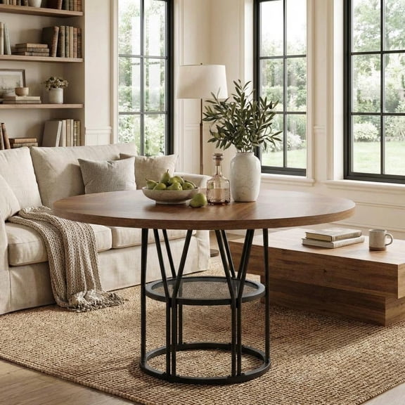 47" Round Dining Table for 4-6 People - Kitchen Table with Storage Shelf & Sturdy Metal Frame for Living Room Apartment Office