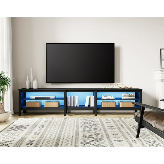 Fitueyes 94" Wood TV Stand for 85-100" TVs, Media Console with Open Shelves & LED Light for Living Room Bedroom, black