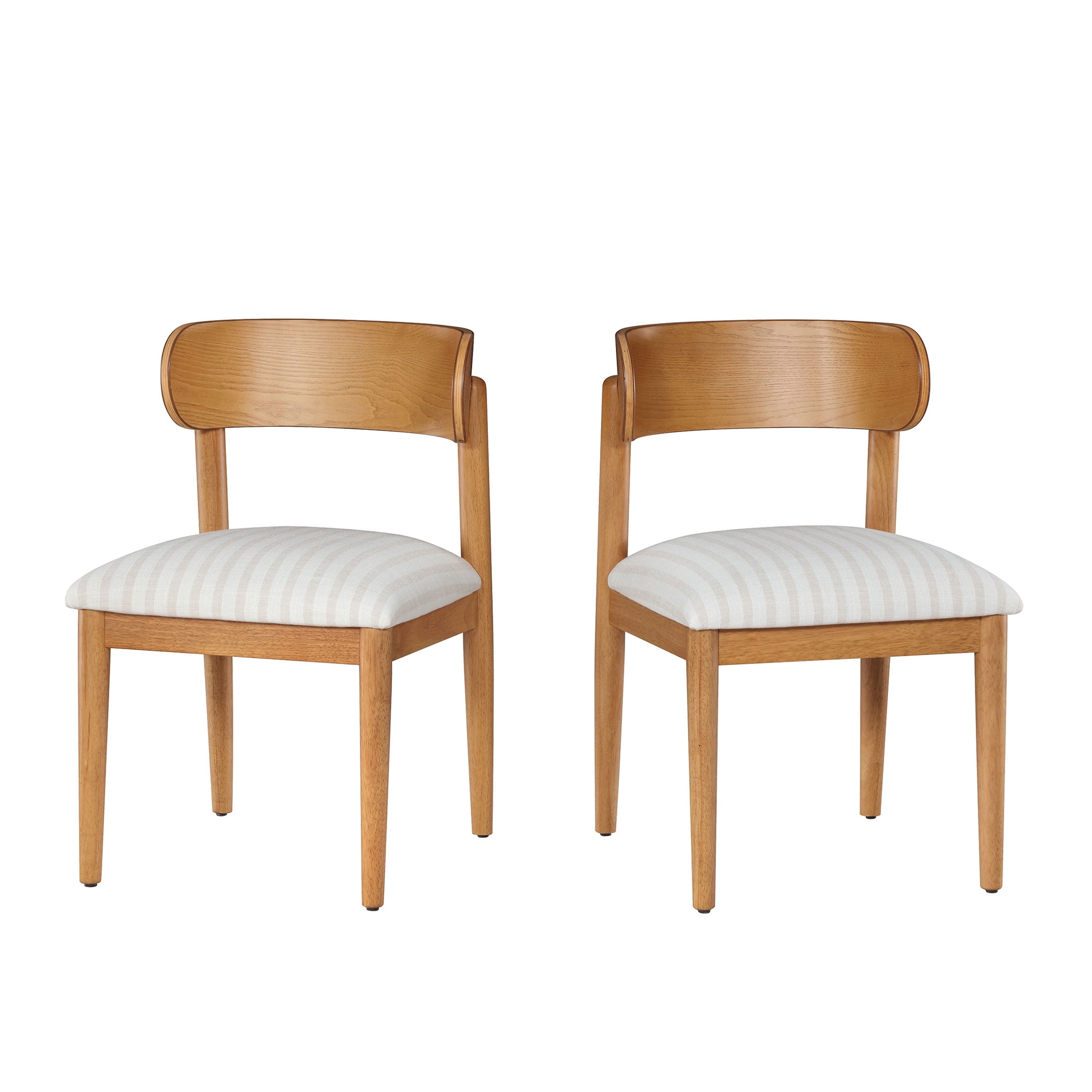 Beautiful Drew Dining Room Chair by Drew Barrymore, Warm Honey Finish with Striped Fabric, Set of 2