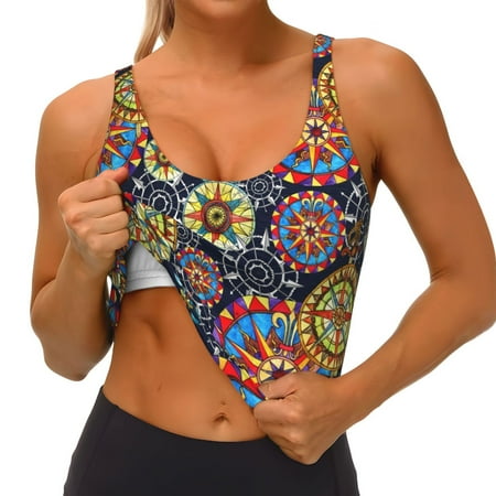 Qokaie Colorful Compasses Pattern Womens Scoop Neck Sports Bra Breathable Workout Vest Padded U Back Medium Impact Fitness Gym Yoga Bra Workout Crop Top