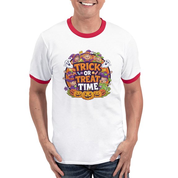 CafePress - Trick Or Treat Time Halloween Design Men's Ringer T Shirt - 100% Cotton Ringed T-Shirt
