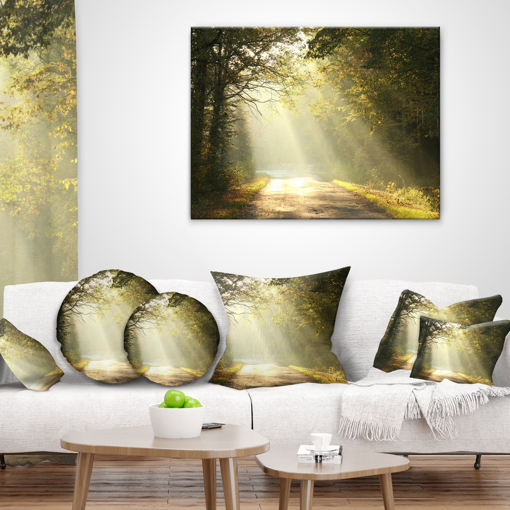 Designart Bright Sunbeams to Fall Forest - Landscape Photography Throw Pillow - 18x18