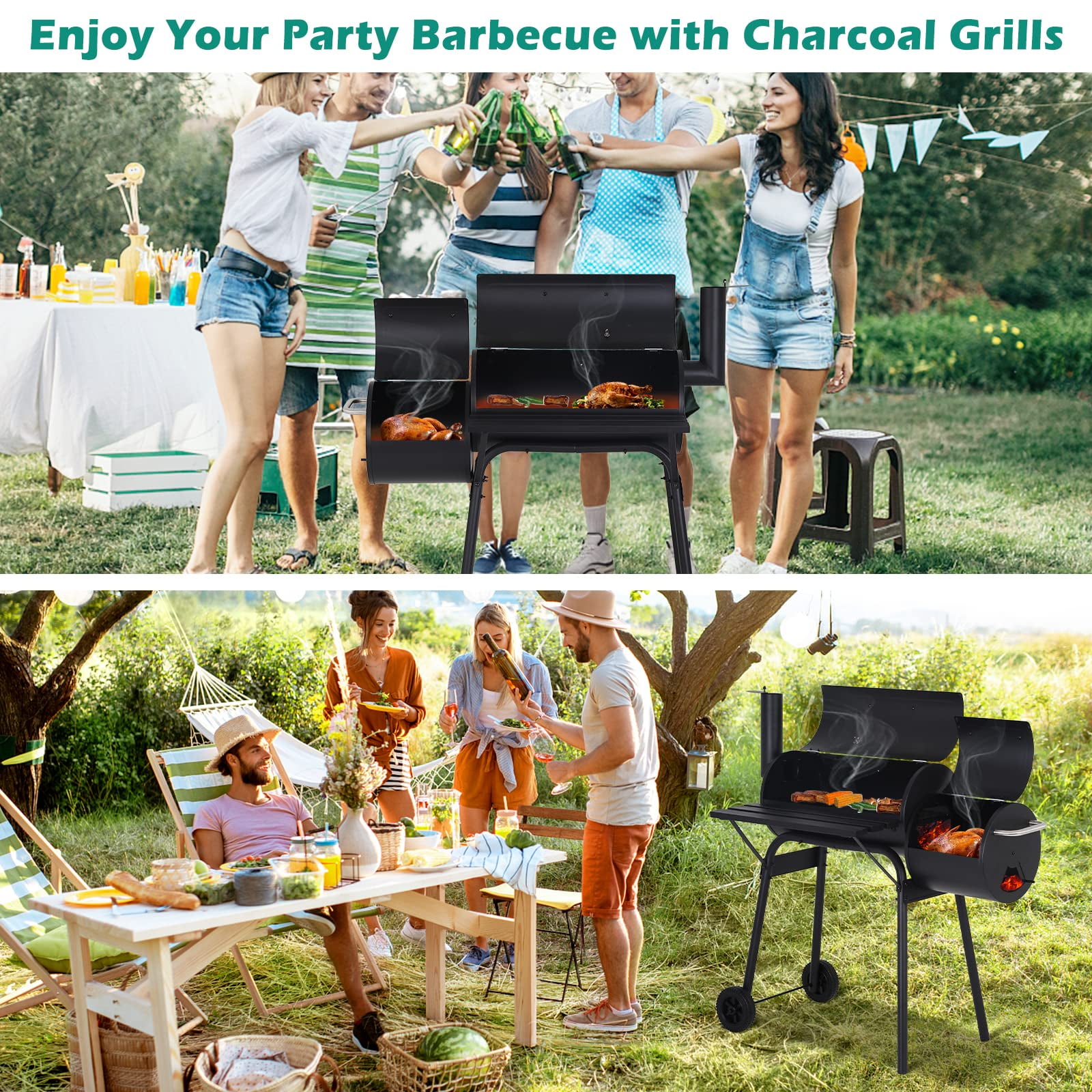 NiamVelo BBQ Charcoal Grills Outdoor BBQ Grill Camping Grill, Stainless Steel Grill Offset Smoker with Cover, Portable BBQ Barbecue Grill for Picnic Camping Party, Black
