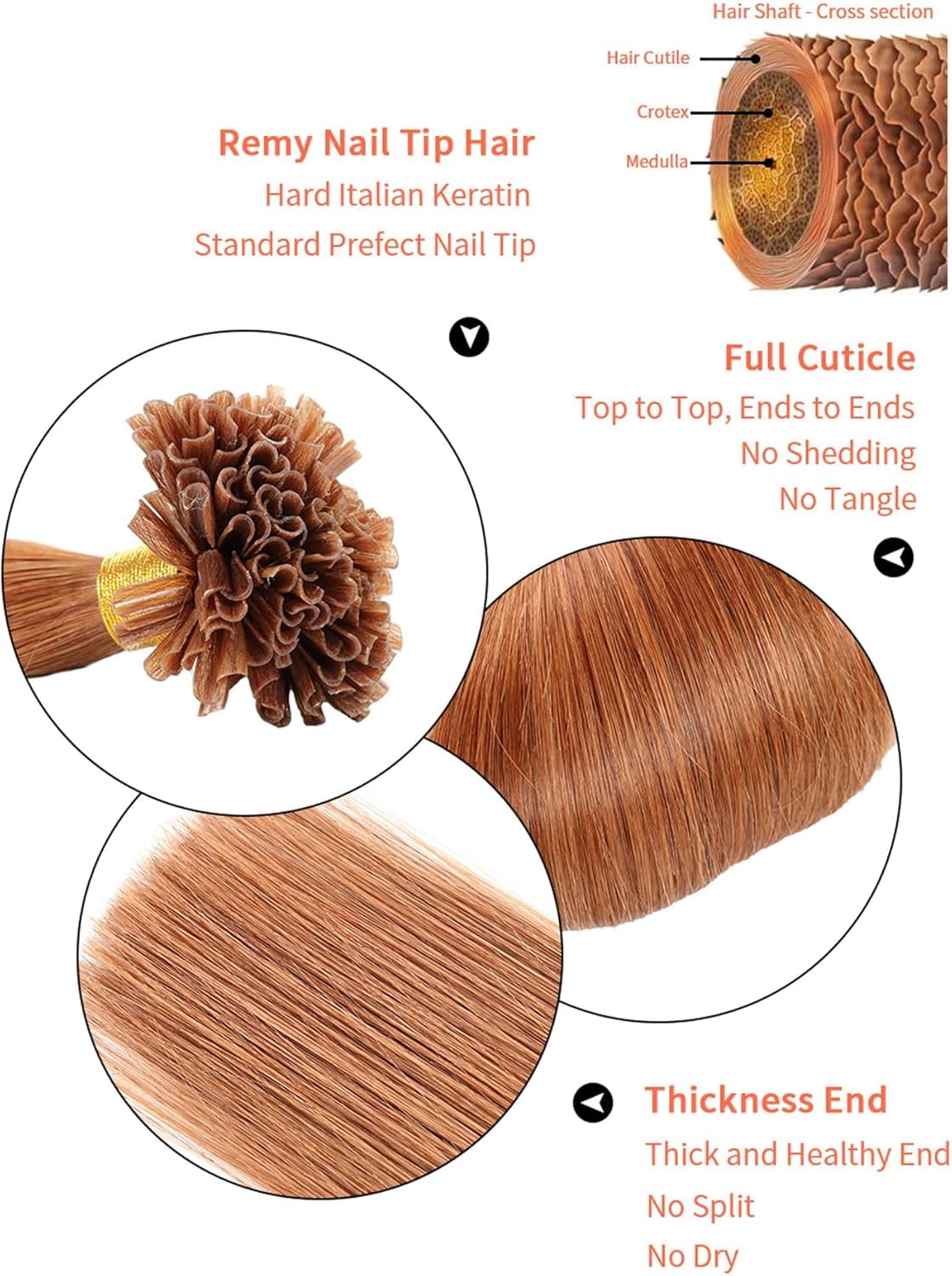 Aorsher U Tip Pre Bonded Remy Human Hair Extensions, 100 Strands Per Package, Nail Tip Italian Keratin Fushion 18Inch, Auburn Hairpiece Long Straight Silky for Women