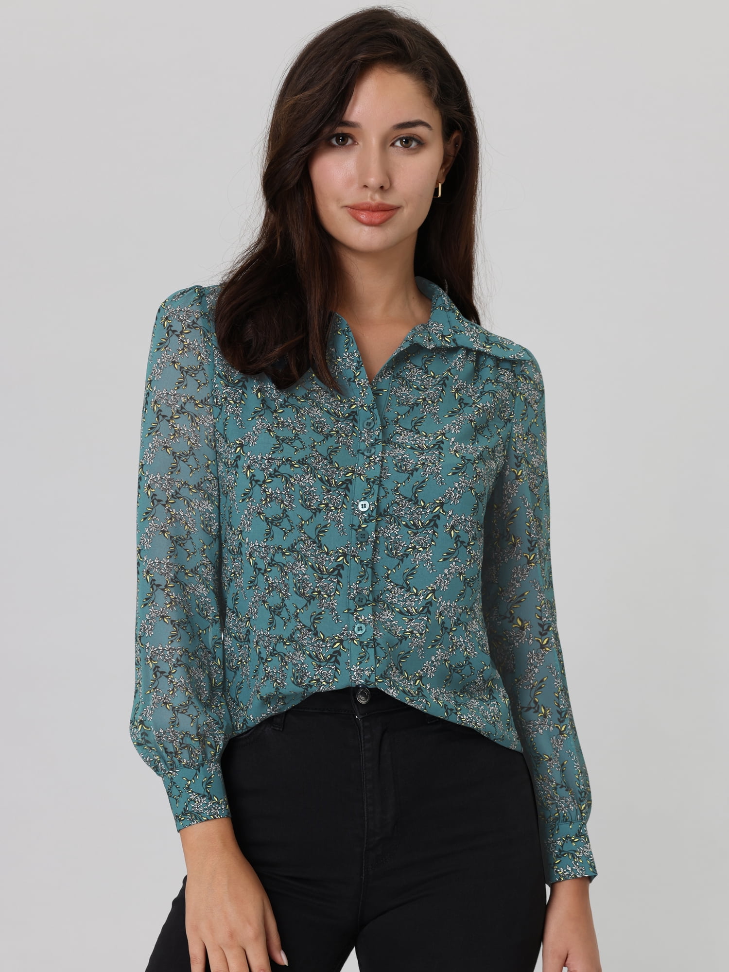 Unique Bargains Women's Floral Point Collar Long Sleeve Button Down Shirts S Dark Blue