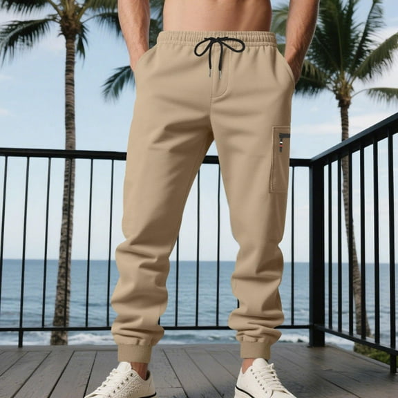 Zylanna Men's Casual Cargo Pants, Stretchable Baggy Drawstring Waist with Pockets Comfortable Joggers for Winter Sports Khaki