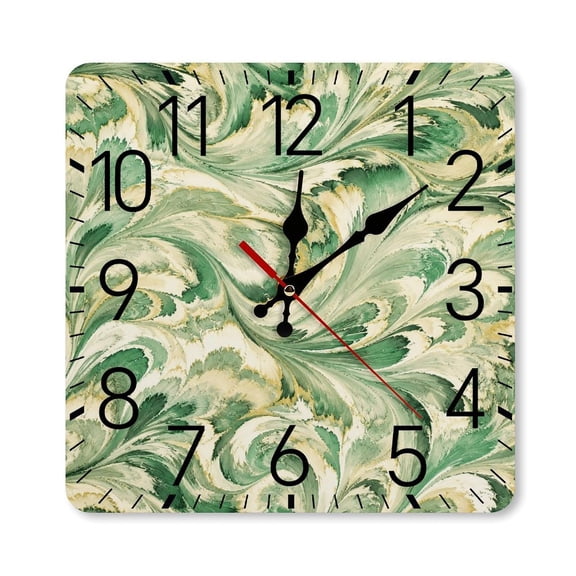 RKSupls 10×10inch Square Silent Wall Clock Wooden Frame, Green Marble Swirl Scale Decorative Clock for Home Bedroom Living Room Office