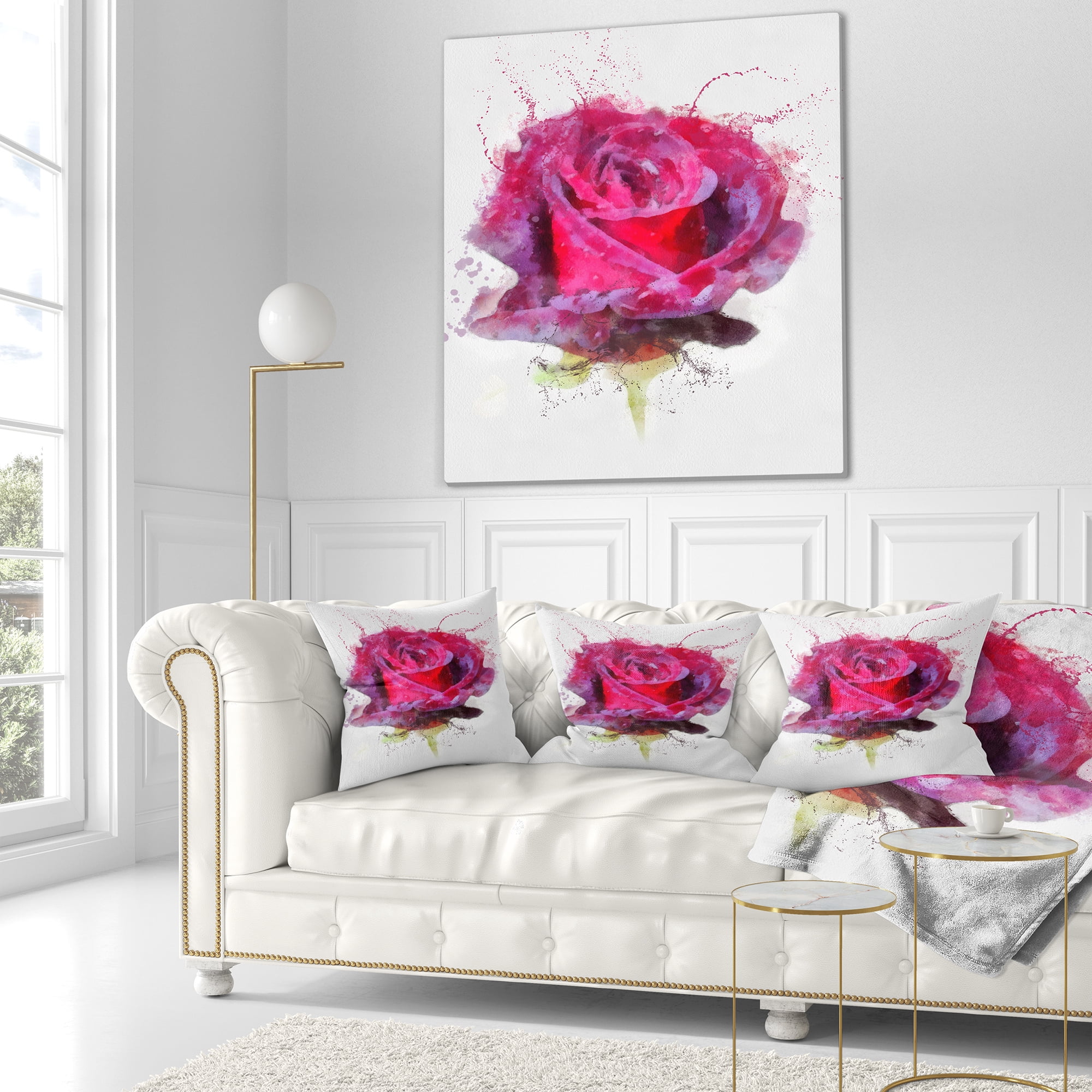 Designart Watercolor Dark Red Rose Sketch - Floral Throw Pillow - 18x18