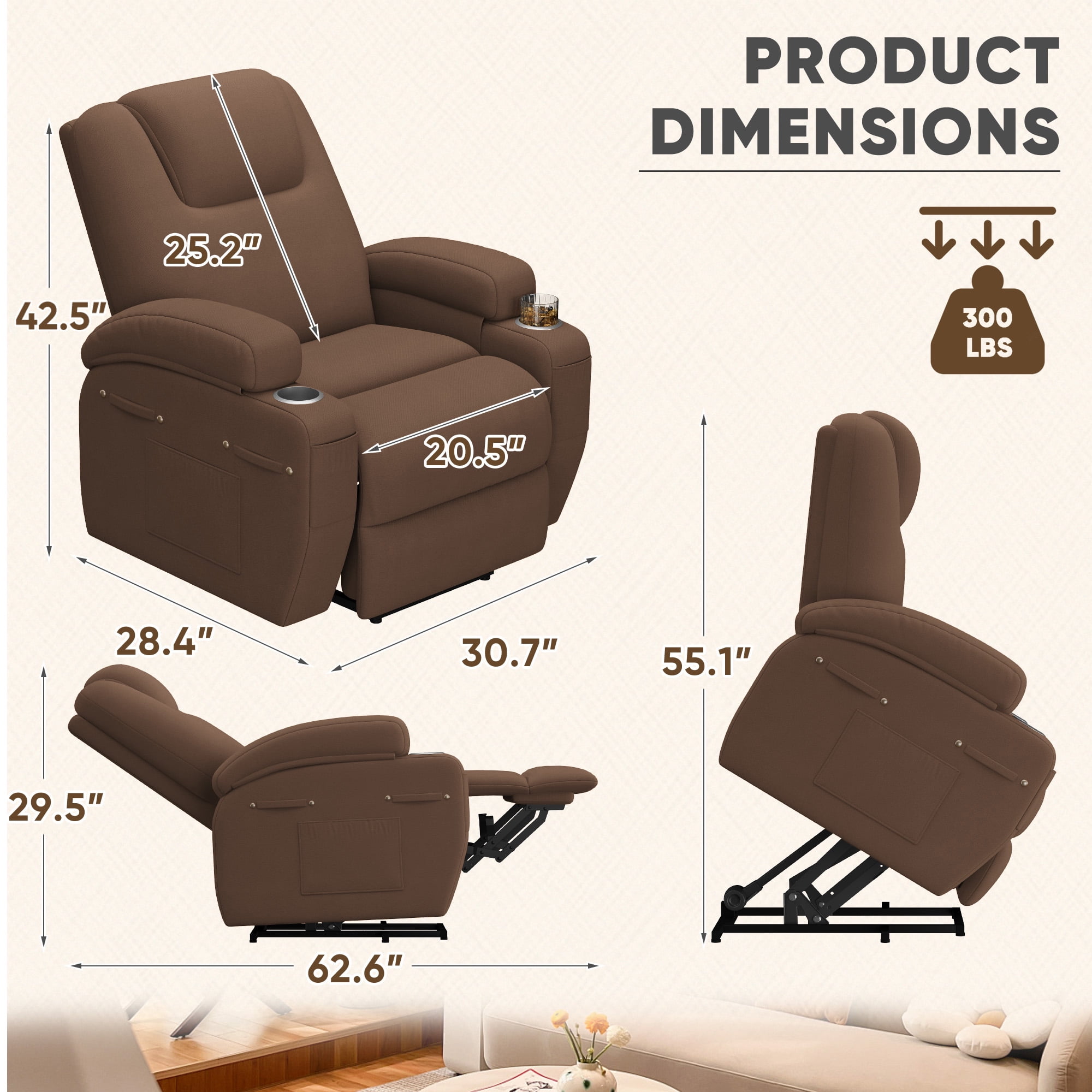 Homall Power Lift Recliner with Eight Vibrating Massages Ergonomic Single Sofa with Side Pocket for Elderly,Brown