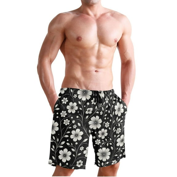 Ckdifva Retro White and Black Flowers Men's Board Shorts Swim Trunks Drawstring Summer Beach Golf Shorts Quick Dry with Pockets