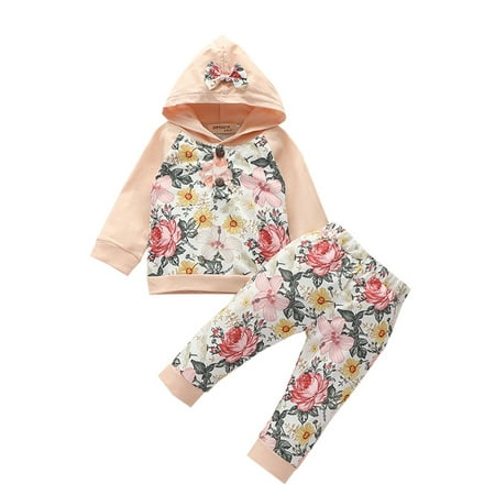 

Sunisery Newborn Baby Girl Clothes Floral Print Long Sleeve Hoodie Tops+Pants Set Infant Fall Outfits Apricot 18-24 Months