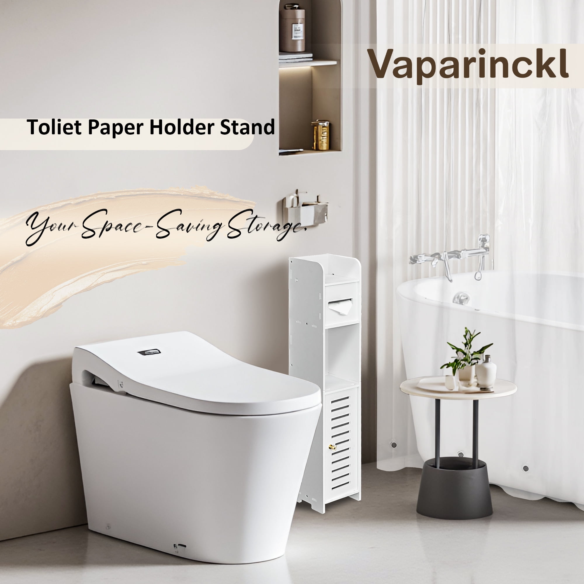 Vaparinckl Toilet Paper Holder Stand, Small Bathroom Storage Cabinet with Door & Shelves for Regular Rolls, Corner Space-Saving Organizer, White