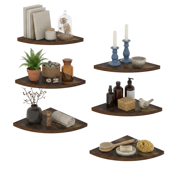 6 Tier Floating Corner Shelves for Wall, Wall Mount Decorative Shelf for Storage and Display, Brown